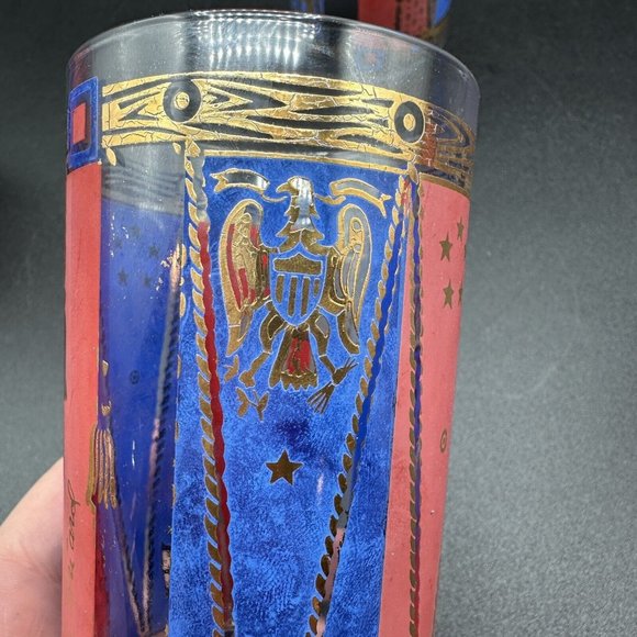 Georges Briard Glasses Gold Barware Tall Highball Patriotic Red Blue MCM Eagle - Picture 7 of 15